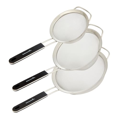 Restaurantware Fine Mesh Strainer Set of 3 Different Sizes with Silicone Handle Stainless Steel Extra Fine Mesh Strainer Heat-Resistant Handle Dishwasher-Safe for Rice, Quinoa, Pasta - size: Standard, Extra Fine Mesh-3-Piece Set