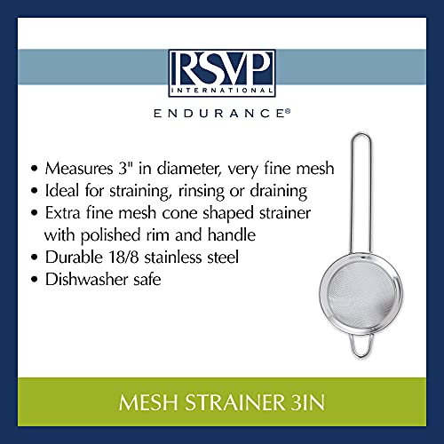 RSVP International Endurance Kitchen Collection, Stainless Steel Fine Mesh Conical Sieve/Colander, Multi-Purpose for Cooking, Baking, Loose Leaf Tea, Bar Strainer Cocktails, 3-Inch - size: 3-Inch