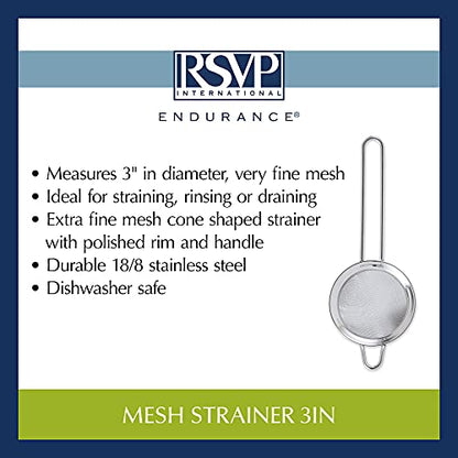 RSVP International Endurance Kitchen Collection, Stainless Steel Fine Mesh Conical Sieve/Colander, Multi-Purpose for Cooking, Baking, Loose Leaf Tea, Bar Strainer Cocktails, 3-Inch - size: 3-Inch