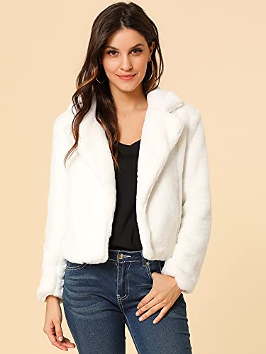 Allegra K Women's Cropped Faxu Fur Jacket Lapel 2026 Winter Fur Coat Outfit - color: White, size: Medium