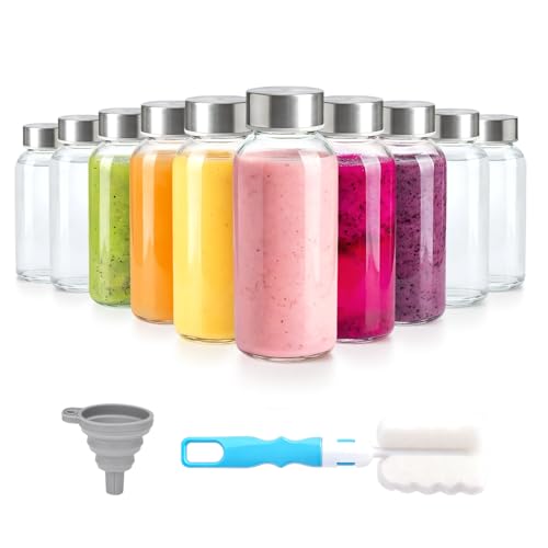 Zukro 8 oz Small Glass Juice Bottles with Stainless Steel Lids Leak Proof - color: silver lid - 10 pack