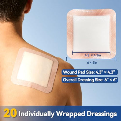 Dimora 20 Count Silicone Super Absorbent Wound Dressing 6" x 6" - Large Adhesive Bandage for Heavy Exudate, Border Wound Care Pads for Pressure Sore and Post-Surgical Incisions - size: 6"x 6" - 20 pcs