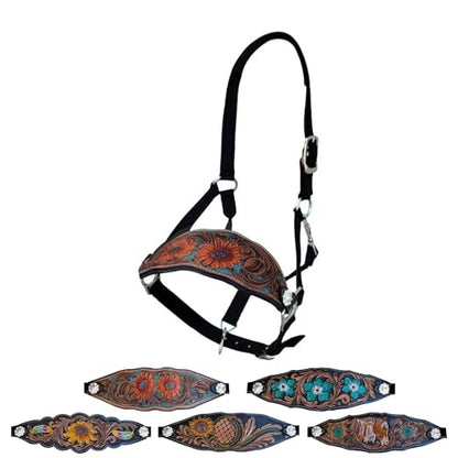 Majestic Ally Equestrian Designer Bronc Halter for Horses, Hand-Tooled Leather Nose, Padded Nylon Crown and Noseband - style: Orange Sunflower