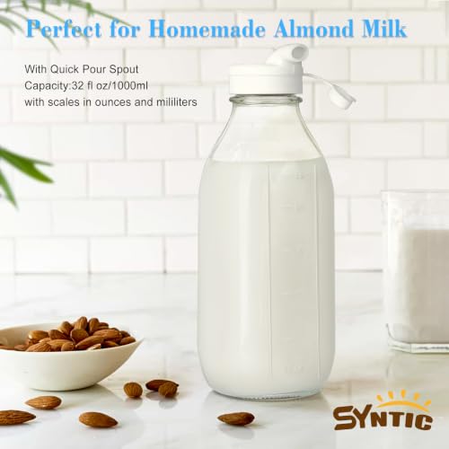 Syntic 4 Pack 32 Oz Glass Milk Bottles with Lids,Scale Marks,2 Pour Spouts - style: wide-mouthed