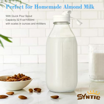 Syntic 4 Pack 32 Oz Glass Milk Bottles with Lids,Scale Marks,2 Pour Spouts - style: wide-mouthed