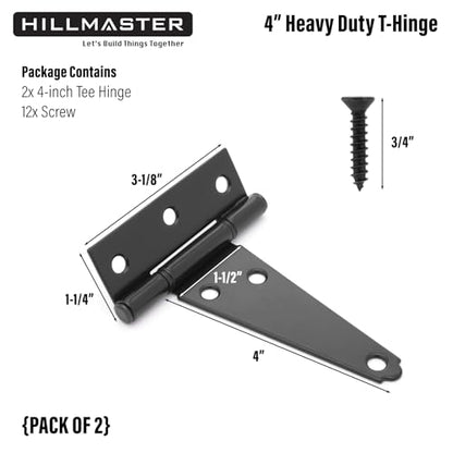 Hillmaster 4 Inch T-Strap Heavy Duty Shed Door Hinges - Black Tee Hinge for Wooden Fences, Shutter, Window, Yard, Barn Door, Outdoor (2 Pack) - size: 4in 2Pack