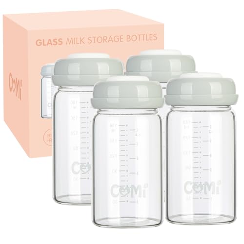COMI Natural Glass Baby Bottle,Breastmilk Storage Bottle for Fridge,Wide Neck Breast Milk Container with Dome Cap,Fits Breast Pumps & Nipples,BPA Free,4PCS (6oz,4 Gray Lids) - style: 4Gray