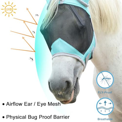 Horse Fly Mask with Ears, Breathable Fine Mesh Turquoise Cob - color: Turquoise, size: Cob