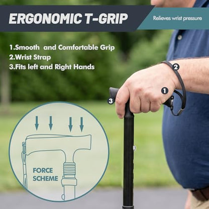 GPTCAMP Walking Cane T Handle Slip Resistant Adjustable for Men Women - color: Black