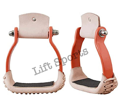 Western Horse Saddle Stirrups Aluminum w/Leather Barrel Racing 5" Wide Orange/Black/Silver (Black)