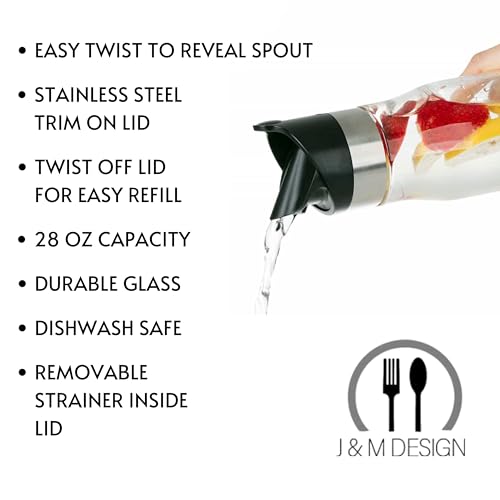 J&M DESIGN 28 OZ Glass Pitcher With Lid Water Carafe Easy Twist Stainless Steel & Plastic Lid Removeable Strainer For Juice Beverage drinks Iced Coffee Milk Container Bottle Jar Mimosa Bar Supplies - size: 1-Pack