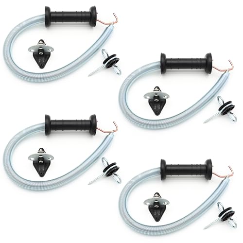 Electric Fence Spring Gate Handles Kit, Dual Ring Electric Fence Insulators for Wooden Post, Electric Fence Handle Set with Anchors,16-Feet Tension Spring, Black (4)