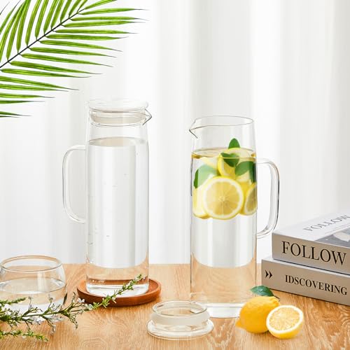 Hsei 2 Sets Glass Pitcher with Lid, 50 oz / 1500 ml Water Carafe with Handles Hot Cold Beverage Water Jar Glass Jug for Tea Juice Milk Coffee Iced Beverage (Glass Lid) - color: Glass Lid, size: 1.5l