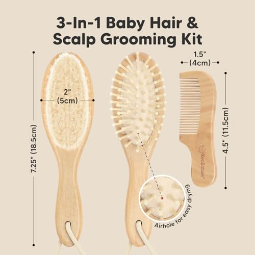 KeaBabies Baby Hair Brush and Baby Hair Brush and Comb Set - Wooden Brush with Soft Goat Bristles, Soft for Newborn's Head and Craddle Cap Softener