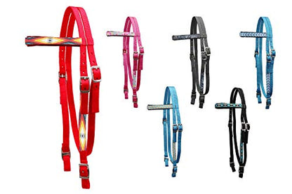 Tahoe Tack Overlay Printed Nylon Western Browband Headstall with Matching Split Reins 1 Year Warranty - color: Red Aztec, size: Full Horse