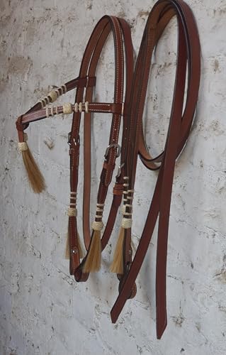 Leather Bridle Western Tack Full Grain Leather Adjustable Bridle for Horse Horse Knotted Browband Headstall with Reins 78Rawhide - Brown