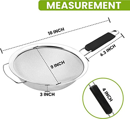 9" Large Fine Mesh Strainer with Thermo Plastic Rubber Handle - Sieve Fine Mesh Stainless Steel - Ideal Kitchen Essential to Strain Pasta, Quinoa and Rice