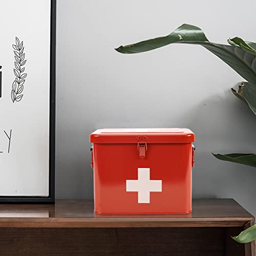 First Aid Kit, First Aid Medicine Supplies Bin - 2-Tier Metal Medicine Storage Tin, Samll First Aid Box with Removable Tray for Home & Workplace Emergency Tool Set - Red
