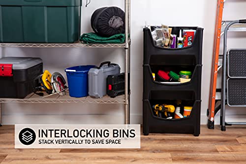 Mighty Tuff Jumbo Stackable Storage Bins, Pack of 3, Easy-Access Storage, Large Easy-to-Grip Handles, Wide Front Opening, Interlocking, Stack Vertically, Black - size: Jumbo