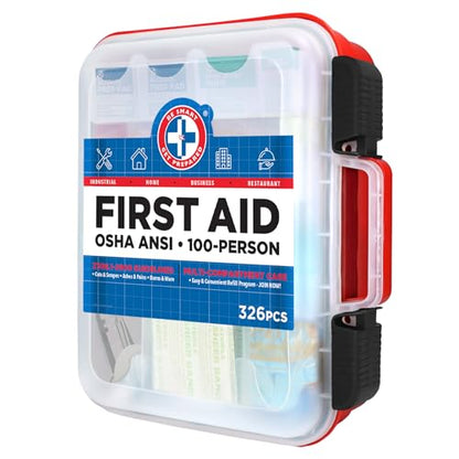 Be Smart Get Prepared First Aid Kit Hard Red Case 326 Pieces Exceeds OSHA and ANSI Guidelines 100 People - Office, Home, Car, School, Emergency, Survival, Camping, Hunting and Sports (20HBC01015REV3)