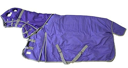 AJ Tack 1200D Waterproof Winter Horse Blanket with Hood - 400g Heavyweight Turnout with Fleece Collar, Shoulder Gussets & Tail Flap - Purple 82"