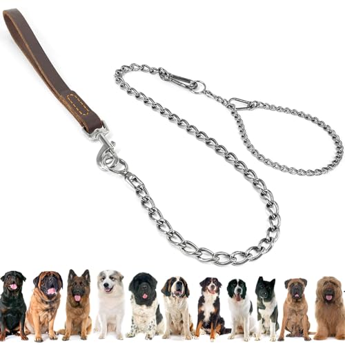 Dog Chain Leash 304 Stainless Steel - Heavy Duty Metal Short Lead with Extension & Coupler (20in x 2.5mm) - size: 304 S/S 20in x 2.5mm