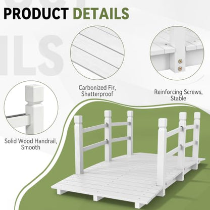 Outvita 5 ft Garden Wooden Bridge Arch Stained Finish with Safety Rails Outdoor Footbridge for Backyard Creek Farm, Decorative Pond Bridge - size: 5ft-white