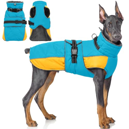 QBLEEV Warm Dog Jacket, Waterproof Dog Winter Coat with Harness - color: Lake-Blue, size: XXX-Large