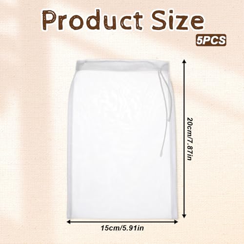 5 Pcs Mesh Strainer Bag, 6 x 7.8 Inch Reusable Nut Milk Bag Nylon Fine Mesh Straining Brew Bag Cheese Cloth Bags Food Juicer Bags for Straining Fruit Juice Coffee Home Brewing Wine Yogurt Tea