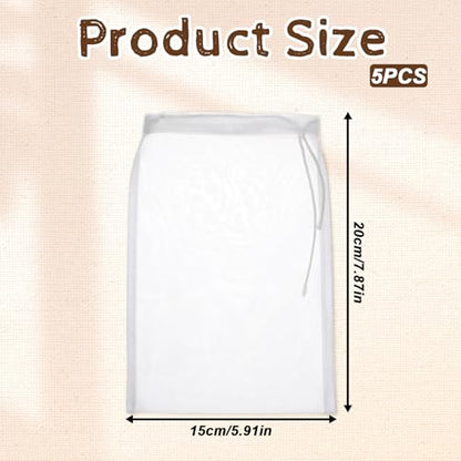 5 Pcs Mesh Strainer Bag, 6 x 7.8 Inch Reusable Nut Milk Bag Nylon Fine Mesh Straining Brew Bag Cheese Cloth Bags Food Juicer Bags for Straining Fruit Juice Coffee Home Brewing Wine Yogurt Tea