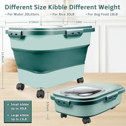 Komzon Rice Storage Containers, Collapsible 20 to 30Lbs Food Storage Bin Dispenser with Rolling Wheel and Clear Airtight Lid, BPA Free Flour, Sugar, Cereal and Dog Cat Pet food Containers - color: Green