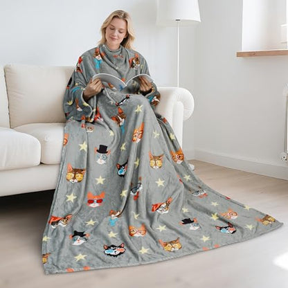 Catalonia Wearable Blanket with Sleeves for Women & Men, Fleece Wrap Throw - color: 80's Cat Dog Gray