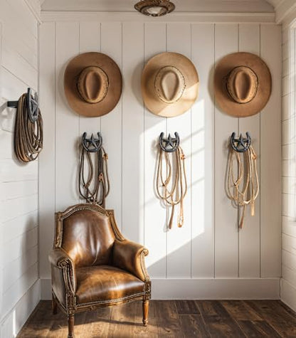 Cowboy Hat Rack for Wall, 6 Pack Iron Horseshoe Star Hooks, Black - color: Black