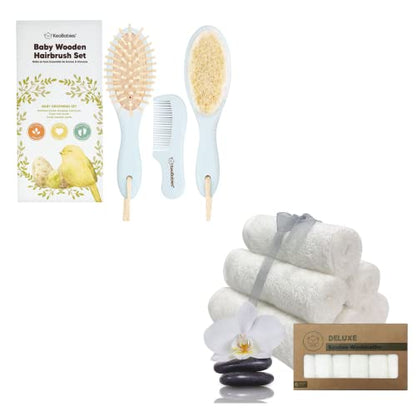 KeaBabies Baby Hair Brush and Baby Comb Set & Baby Washcloths - Wooden Baby Brush with Soft Goat Bristle - Bamboo Viscose Baby Towels and Washcloths