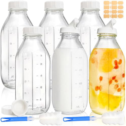 Bekith 6 Pack Liter Glass Milk Bottles with Airtight Screw Lid, 32 Oz Reusable Glass Bottles with Dispenser Cap for Milk, Honey, Jam, Syrup (2 Pour Spout Lids, 2 Lables and 2 Bottle Brushes Included)