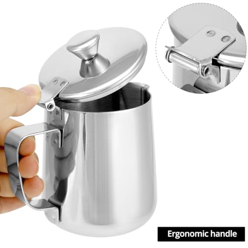 QWORK Stainless Steel Coffee Mug Milk Frothing Pitcher with Lid, 350ML, Dripless Spout, Ergonomic Handle, For Latte Coffee Art, Office and Kitchen, 2 Pcs