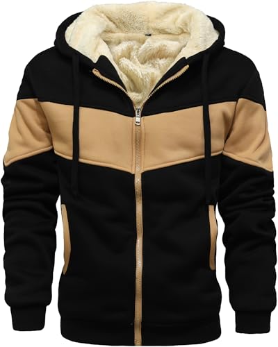 Men's Winter Fleece Thermal Jackets for Men Sherpa Lined Hoodies Warm Thick Jacket Outerwear - color: 995black Khaki Black, size: Medium