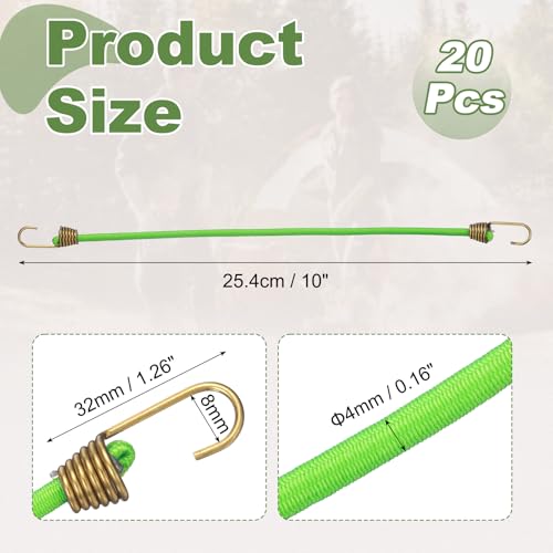 PATIKIL Bungee Cords with Hooks, (10 Inch, Green)(20Pcs), Adjustable Rubber Stretchy Heavy Duty Short Elastic Bungee Cord for Luggage Roof Rack Hang Outdoor Tent Tarp