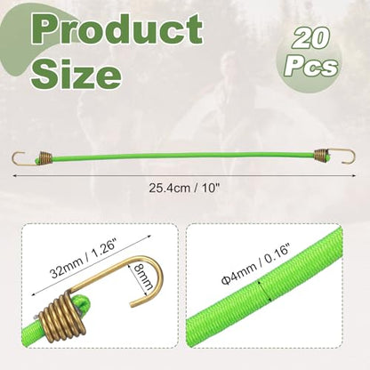 PATIKIL Bungee Cords with Hooks, (10 Inch, Green)(20Pcs), Adjustable Rubber Stretchy Heavy Duty Short Elastic Bungee Cord for Luggage Roof Rack Hang Outdoor Tent Tarp