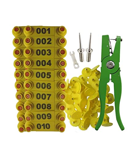 MIZORLIE Sheep Ear Tag Pliers Tool, Yellow, 001-100 Goat Ear Tag Sets - color: Yellow