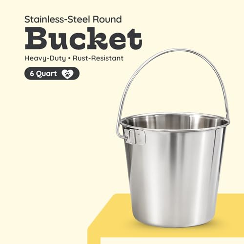 6 quart Heavy Duty Stainless Steel Round Bucket with Handle | 1.5 gal Sturdy Food & Water Bowl for XL Dogs Cats Goat sheep & Livestock | Fits kennel Crate Cage Farm | Hanging Utility Pail - size: 6 Quarts