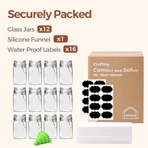 ComSaf Square Glass Spice Jars 8 oz 12 Pack with Labels and Funnel Set - size: 8oz*12
