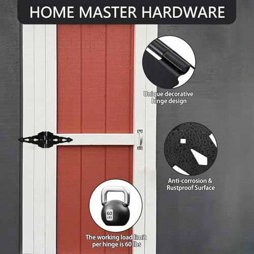 HOME MASTER HARDWARE 8" Heavy Duty Gate Hinges, 6 Pack Strap Hinges, Black | Decorative Door Hinges for Wooden Fences, Barn and Shef, Rotate 270 Degrees, 50LBS Capacity, Included Screws, Steel