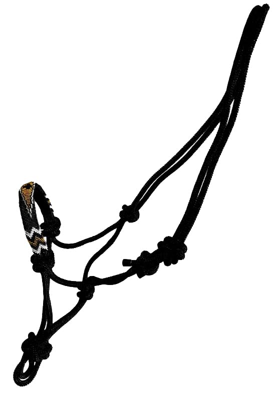 Nylon Horse Size Cowboy Knot Rope Halter with Beaded Cross Nose and Removable Lead - color: Black