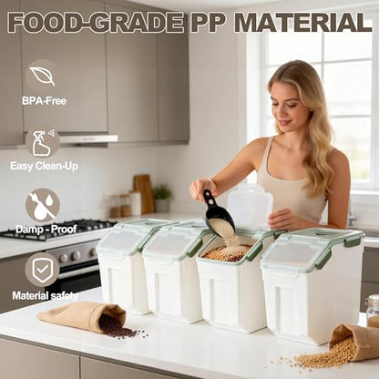 RUIAN Large Airtight Storage Container,25lb Flour Rice Storage Containers Bin with Wheels Seal Locking Lid, with Measuring Cup&Scoop for Flour, Rice, Grain100LBS Total(Green, 4PCS) - color: Green4Pack 25Lb