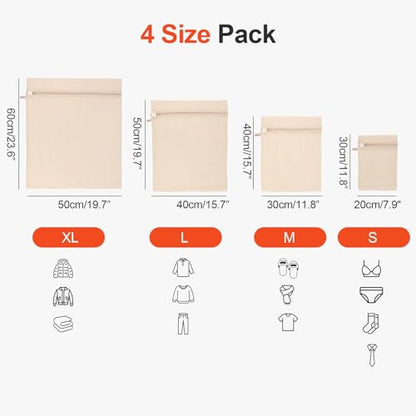 MADIKA 100% Cotton Mesh Laundry Bags, Organic Cotton Laundry bags, No Dye, Set of 4, Natural - size: XL/L/M/S