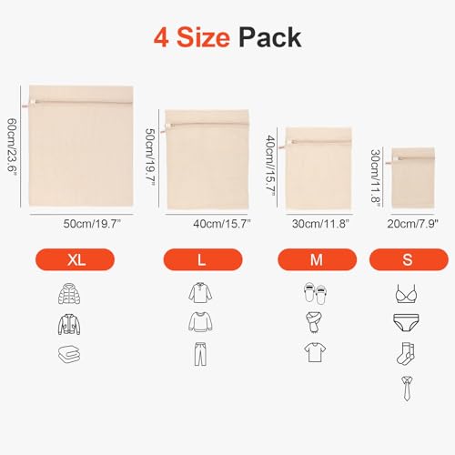 MADIKA 100% Cotton Mesh Laundry Bags, Organic Cotton Laundry bags, No Dye, Set of 4, Natural - size: XL/L/M/S