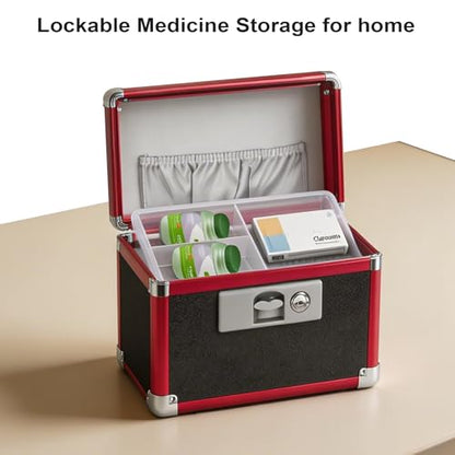 Medicine Lock Box with Key Lock - 12" Hard Case First Aid Safe Medication Storage with Removable Tray & Pockets for Pills, Home, Car & Outdoor - Black Red [with Strap] - size: Medium