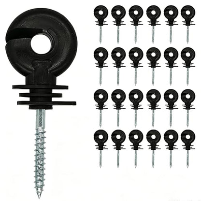 25 Pcs Black Electric Fence Insulator Ring Post Self-Tapping Insulator with Socket Tool for Wood Post, High Resistance Insulating Nails for Livestock Fence, Pasture, and Ranch