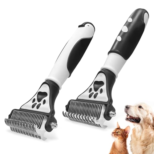 Penguin 2-in-1 Fine&Wide Tooth Pet Dematting Comb for Dogs&Cats | Stainless Steel Blade,Rubber Handle,Dog Dematting Rake,Undercoat Rake for Short&Long Haired Pet,Remove Loose Hair Tangles
